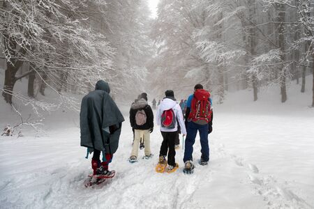 Subiaco, Italy - February 25, 2018: In the middle of winter, a group of people make an excursion on the snow-covered mountain, wearing snowshoes on their feet to avoid sinking in the fresh snow, with the help of trekking poles.のeditorial素材