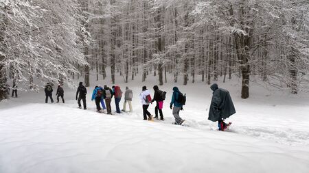 Subiaco, Italy - February 25, 2018: In the middle of winter, a group of people make an excursion on the snow-covered mountain, wearing snowshoes on their feet to avoid sinking in the fresh snow, with the help of trekking poles.のeditorial素材