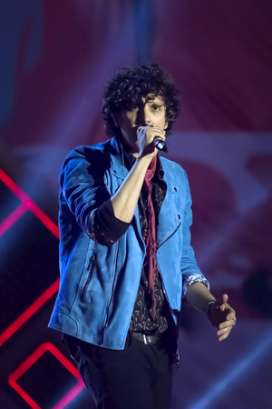 Rome, Italy - May 01, 2018: Ermal Meta performs on the stage of the concert of the first of May, in Piazza San Giovanni. The Albanian singer, who became famous in Italy, is much appreciated by the young public. Credit: Gennaro Leonardi/Alamy Live Newsのeditorial素材