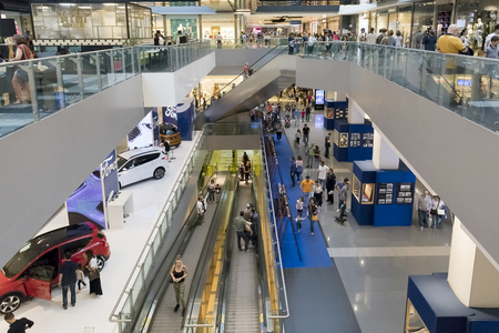 Rome, Italy - 25 May 2018: People go shopping inside the "Porta di Roma" shopping center. The spaces with the various shops are developed on several floors connected by long escalators.のeditorial素材