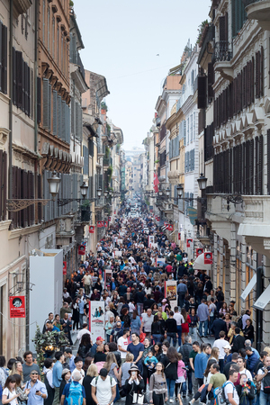 Rome, Italy - 21 October 2018: Red carpet in Via Condotti for a photographic exhibition with posters, scene images, and articles dedicated to Carlo Vanzina, famous Italian film director and producer.のeditorial素材
