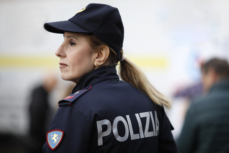 Rome, Italy - April 14, 2019: Piazza San Giovanni Bosco, a policewoman in the road department...