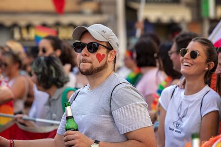 Rome, Italy - June 8, 2019: Gay Pride, public demonstration of the gay pride. Homosexuals of various kinds parade through the streets of the capital with rainbow colors. They demonstrate for the rights of homosexuals, lesbians and same-sex couples.のeditorial素材