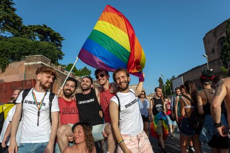 Rome, Italy - June 8, 2019: 25th edition of the Rome Pride, the demonstration on the streets of Rome, from Piazza della Repubblica to the Colosseum, people of many nationalities parade for the recognition of the rights of the gay, lesbian, bisexual, transのeditorial素材