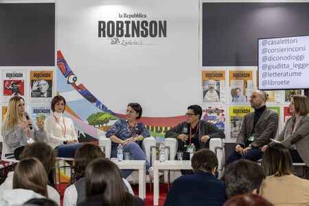 Rome, Italy - December 5, 2019: The public and exhibition stands at the small and medium publishing fairのeditorial素材