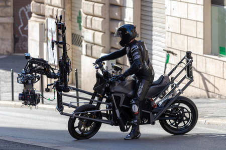 Rome, Italy - October 9, 2020: Special motorcycles on the film set of Mission Impossible 7 in Rome,...