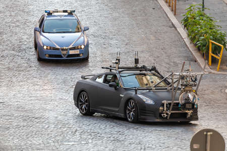 Rome, Italy - October 9, 2020: Film cameras and special cars on the movie set of Mission Impossible...