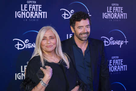 ROME, ITALY - APRIL 08: Mara Venier and Alberto Matano attends the premiere of TV series Disney, "Le Fate Ignoranti" in front of Opera House in Rome.のeditorial素材