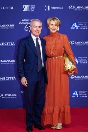 Rome, Italy - May 3, 2022: Giampaolo Letta with his wife Rossana Ridolfi attends the red carpet of the David di Donatello 2022 awards ceremony in Rome.のeditorial素材