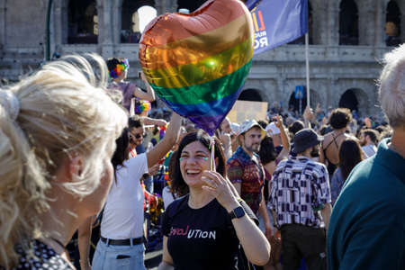 Rome, Italy - June 11, 2022: The pride of the LGBTQ community returns to demonstrate in the streets of Rome. Thousands of people marched on the streets of the capital for civil rights and love. Godmother of the event was the Roman singer Elodie.のeditorial素材