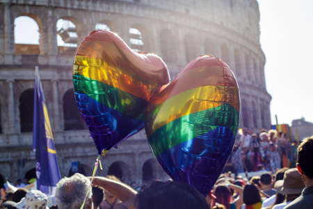 Rome, Italy - June 11, 2022: The pride of the LGBTQ community returns to demonstrate in the streets of Rome. Thousands of people marched on the streets of the capital for civil rights and love. Godmother of the event was the Roman singer Elodie.のeditorial素材
