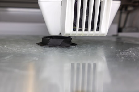 3D printer in operation. 3D printing of a geometric figure using ABS material, plastic polymers.