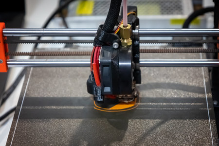 3D printer in operation. 3D printing of a geometric figure using ABS material, plastic polymers.