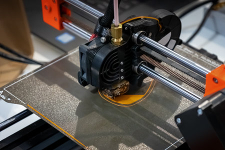 3D printer in operation. 3D printing of a geometric figure using ABS material, plastic polymers.
