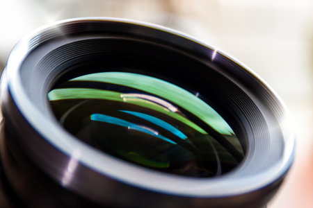 Photographic lens, light reflection on front glass. Prime lensの写真素材