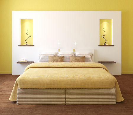Modern bedroom interior with yellow walls and king-size bed. 3d render.の写真素材
