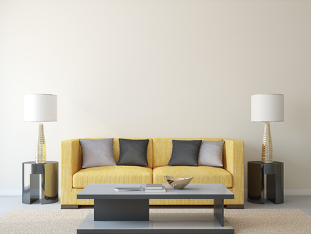 Modern livingroom with yellow couch. 3d render.の写真素材