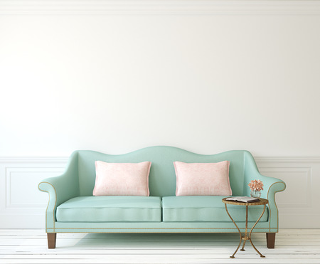 Romantic interior with blue couch near empty white wall. 3d render.