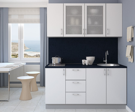 Modern small white kitchen. 3d render. Photo behind the window was made by me.の写真素材
