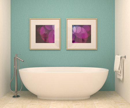Interior of modern bathroom. 3d render. Pictures in frames was made by me.の写真素材