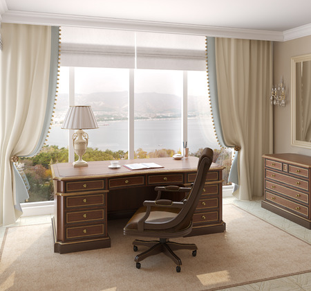 Classical interior of home office. 3d render. Photo behind the window was made by me.の写真素材