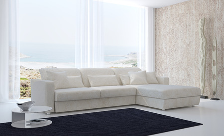 Modern living-room interior with white couch near large window. Photos behind the window and on the book were made by me.の写真素材