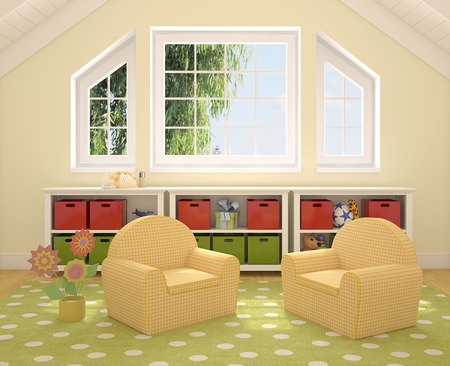 Colorful playroom interior. 3d render. Photo behind the window was made by me.の写真素材