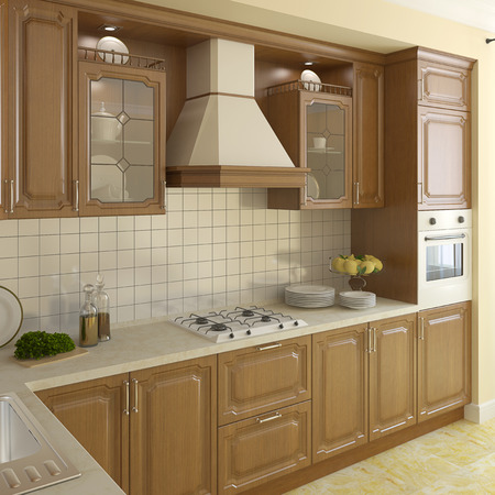 Interior of wooden classic kitchen. 3d render.の写真素材
