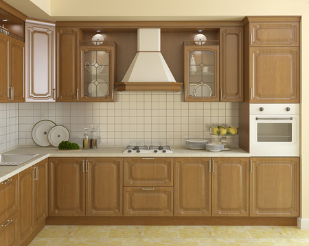 Interior of wooden classic kitchen. 3d render.の写真素材