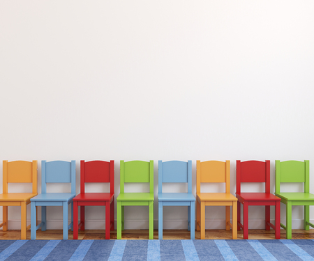Interior of playroom with colorful chairs near the empty white wall. 3d render.の写真素材