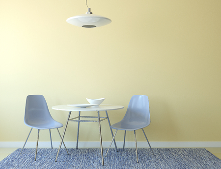 Kitchen interior with table and two blue chairs near empty yellow wall. 3d render.の写真素材