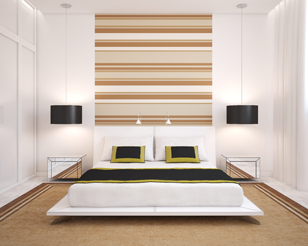 Modern bedroom interior. Frontal view. 3d render.の写真素材