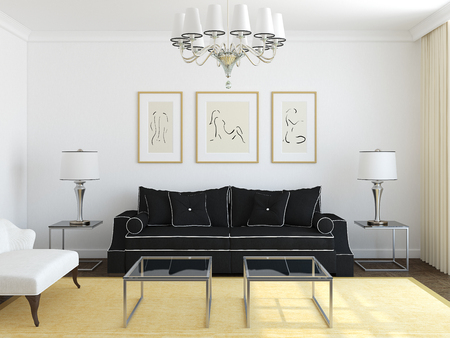 Modern living-room interior. Frontal view. 3d render. Pictures on the wall was painted in photoshop by me.の写真素材