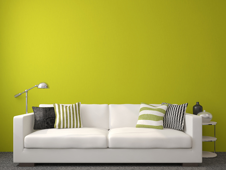 Modern living-room interior with white couch near empty green wall. 3d render.の写真素材