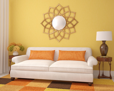 Beautiful living-room with white couch near yellow wall. 3d render.の写真素材