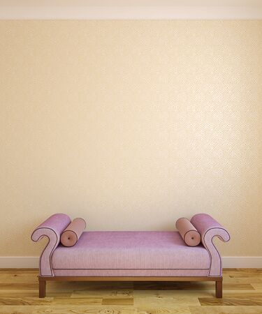 Interior with violet ottoman near empty wall. 3d render.の写真素材