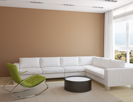 Modern living-room interior with white couch and green armchair near brown wall. 3d render. Photo behind the window was made by me.の写真素材