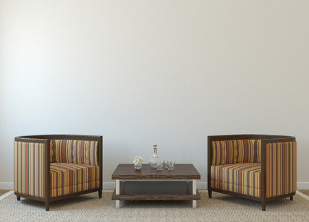 Modern interior with two armchairs near empty white wall. 3d render.の写真素材
