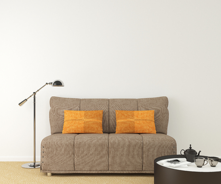 Modern interior with brown couch near empty white wall. 3d render. Photo on book cover was made by me.の写真素材