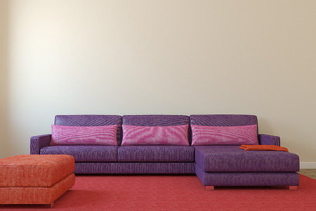 Modern living-room interior with violet couch near empty beige wall. 3d render.の写真素材