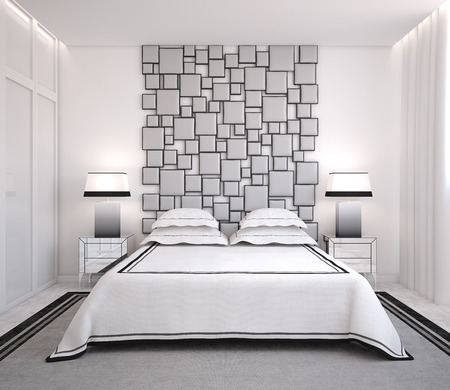 Modern bedroom interior. Frontal view. 3d render.の写真素材