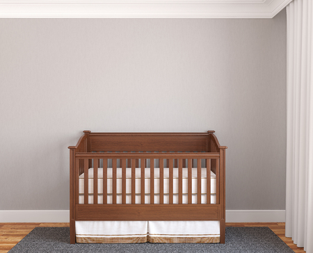 Interior of nursery with wooden crib near empty gray wall. Frontal view. 3d render.の写真素材