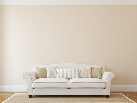 Interior with white classic couch near empty beige wall. 3d render. Interior with white classic couch near empty beige wall. 3d render.