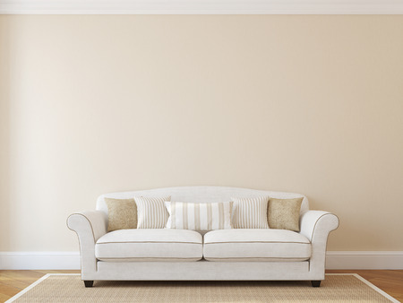 Interior with white classic couch near empty beige wall. 3d render.