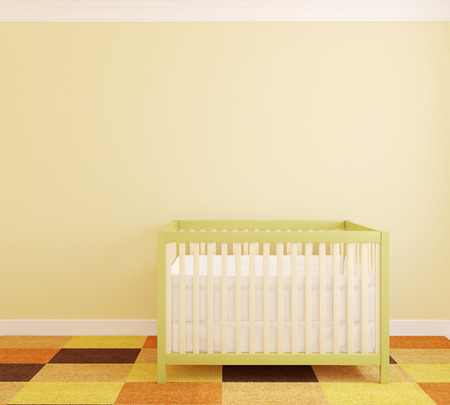Modern interior of nursery with crib near yellow wall. Frontal view. 3d render.の写真素材