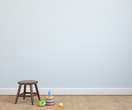 Interior of playroom with chair near empty blue wall. 3d render.