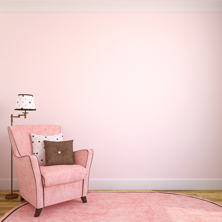 Modern interior with pink armchair.3d render.