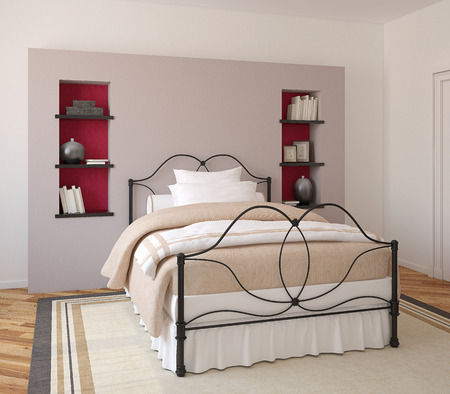 Modern bedroom interior with forged bed. 3d render.の写真素材