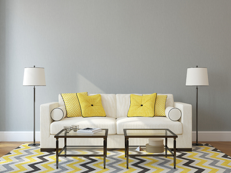 Modern living-room interior with white couch near empty gray wall. 3d render. Photo on book cover was made by me. Modern living-room interior with white couch near empty gray wall. 3d render. Photo on book cover was made by me.