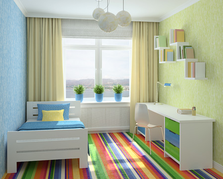 Colorful interior of playroom. 3d render. Photo behind the window was made by me.の写真素材